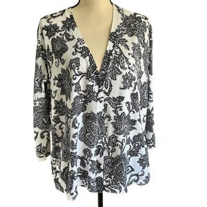 Jones NY Cardigan Ivory White and Navy Blue Floral Paisley Sweater Plus size 2X